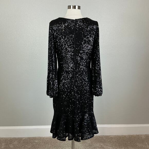 Eliza J Sequined Long Sleeve Fit and Flare Cocktail Dress Sparkly Black Size 6 - Picture 7 of 13